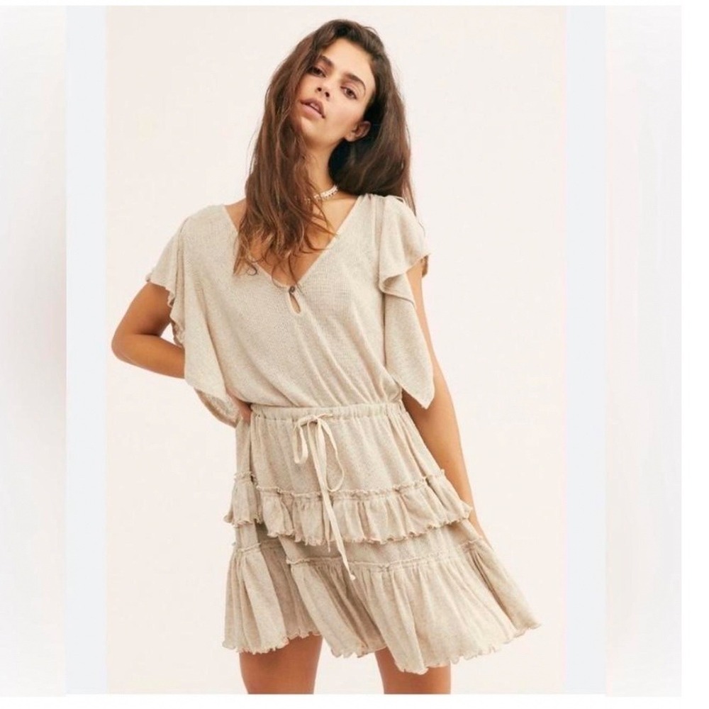 Free People Beach Harper Beige‎ Ribbed Tiered Ruffle Drawstring Mini Dress S